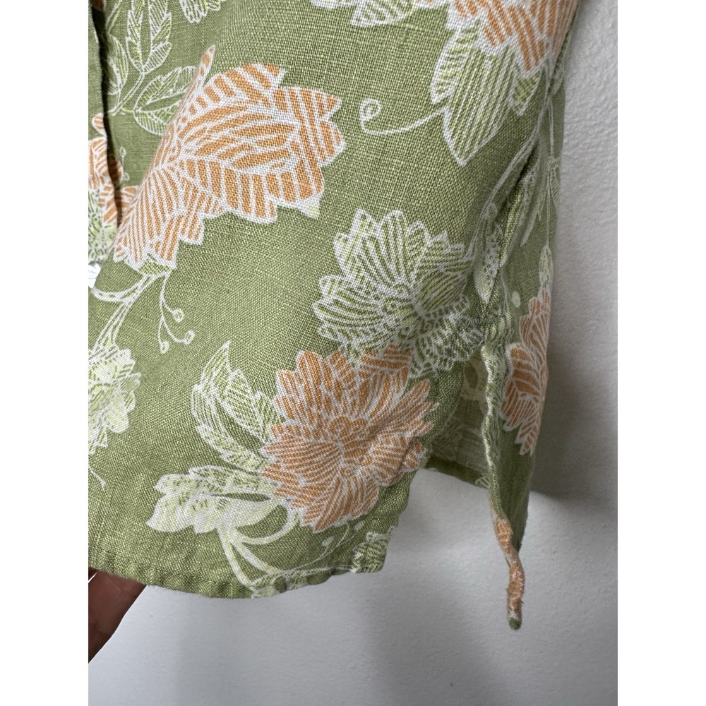 Sigrid Olsen Blue Linen Shirt Size M Green Floral Short Sleeve Button up - Picture 5 of 11